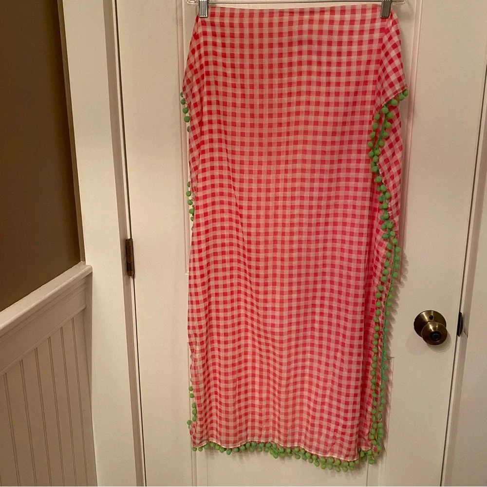 VINEYARD VINES SCARF PINK WHITE GINGHAM CHECK GREEN POM POMS LONG RECTANGLE WRAP
